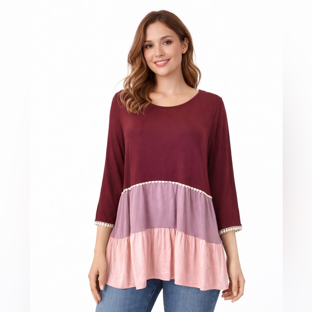 Adara 1X Babydoll Tunic Top Crochet Trim Boho Colorblock Rayon NWOT